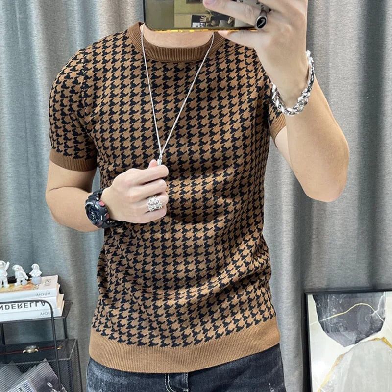 Knitted Houndstooth Design Shirt for Men